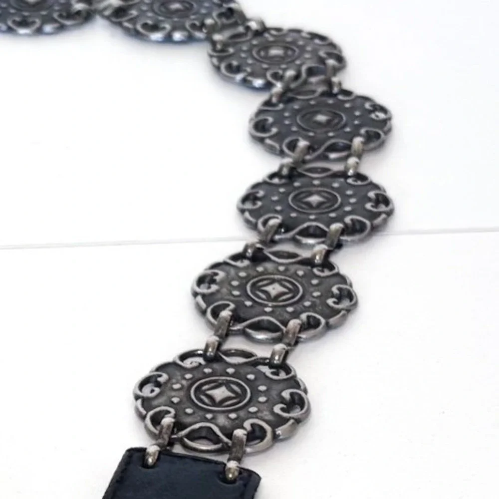 Western Concho Womens‎ Vintage Boho Chain Belt M/L Black Silver Floral Festival